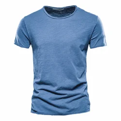 Camiseta de manga corta de algodón de bambú, cuello redondo, color sólido