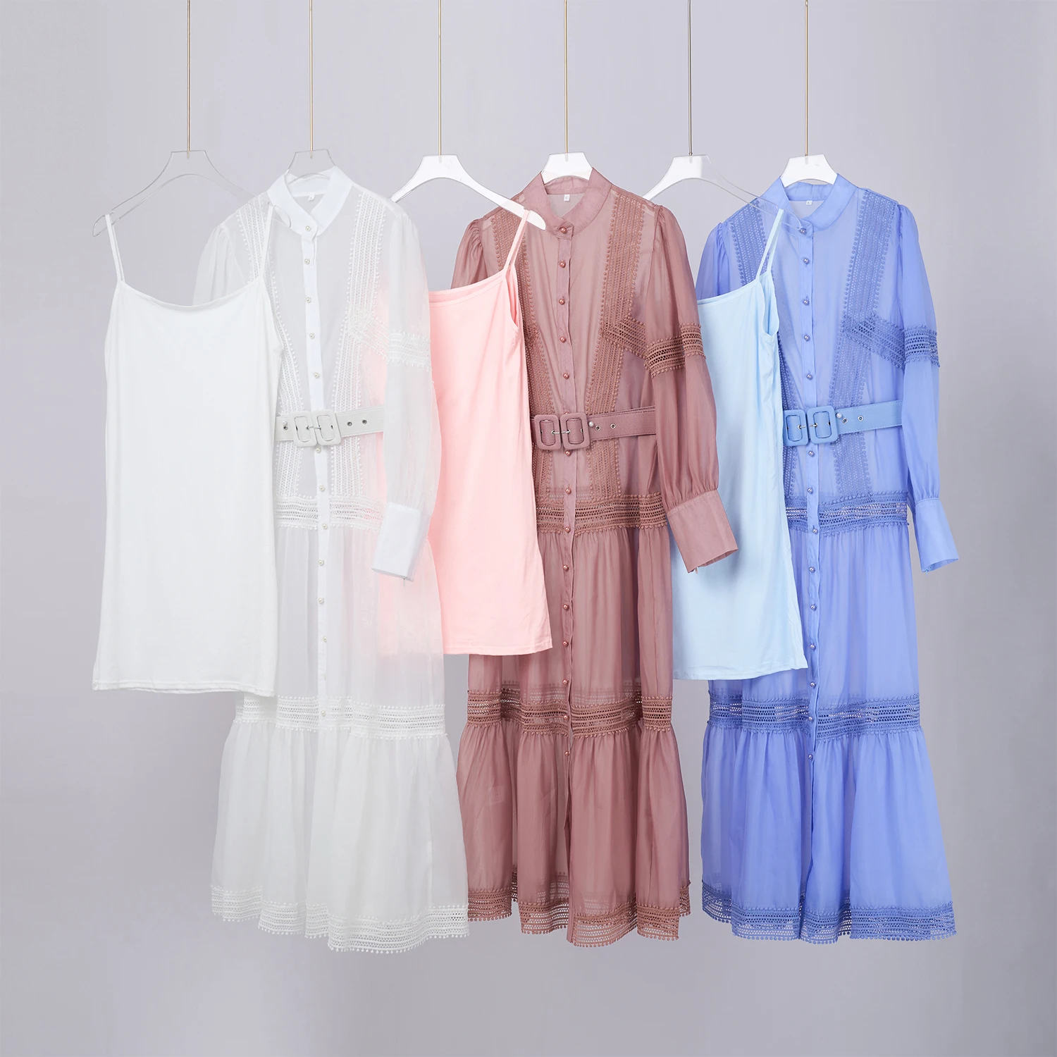 ฤดูใบไม้ร่วงElegant Organza Splicedตาข่ายMaxiชุดสตรียาวโคมไฟแขนเสื้อเพิร์ลปุ่มเข็มขัดลูกไม้Trims Party Prom Robe