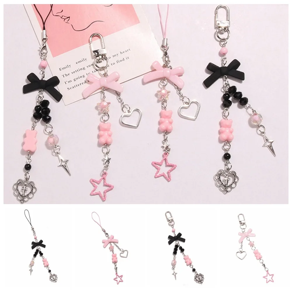 Fashion Bear Y2K Phone Pendant Love Gothic Style Mobile Phone Strap Bow Key Cord Mobile Keychain Lanyard Jewelry Gift