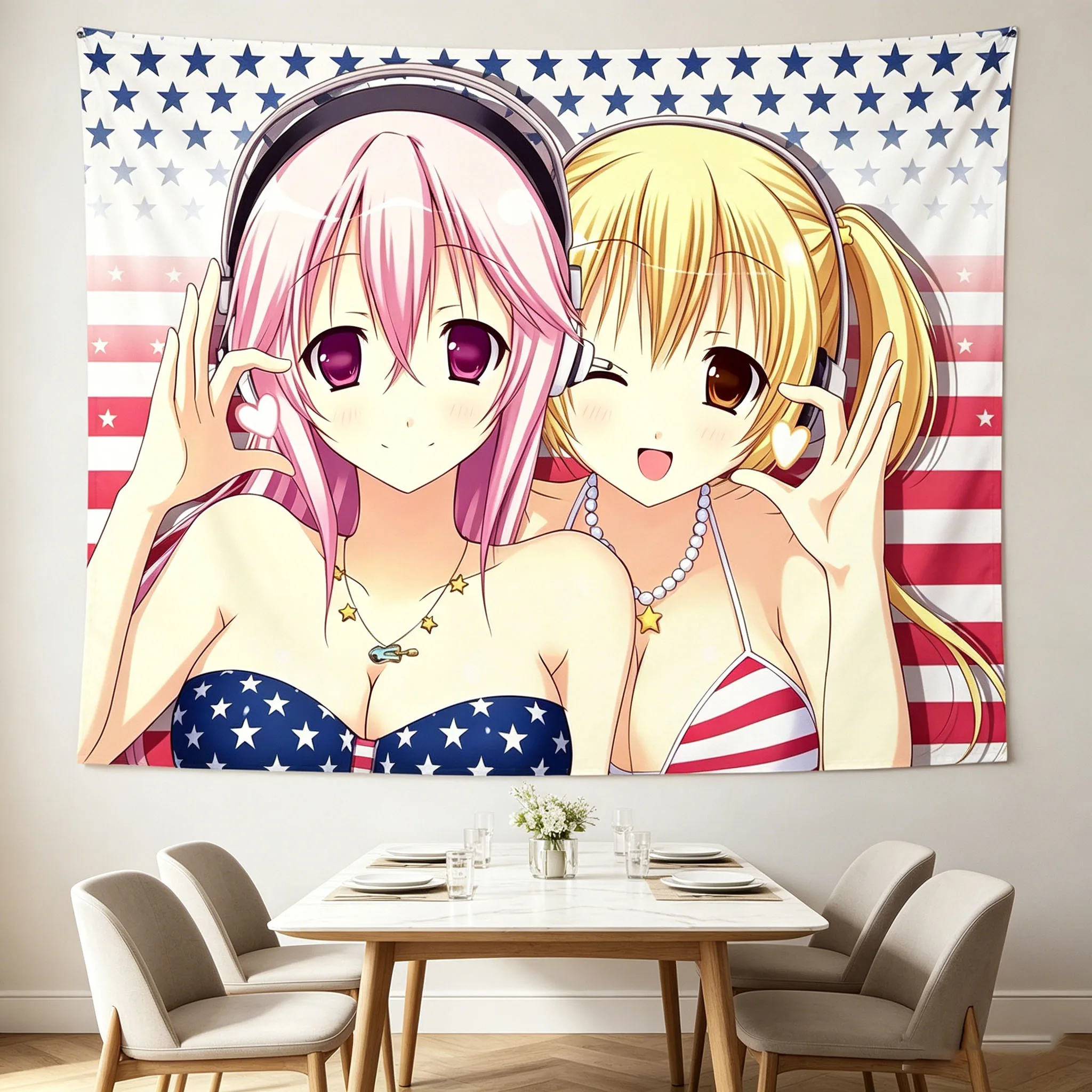 S-Super S-Sonico And P-Pochaco Patriotic Swimwear Tapestry Moe Anime Girls Anime Aesthetics Tapestry Suitable For Bedroom Dorm