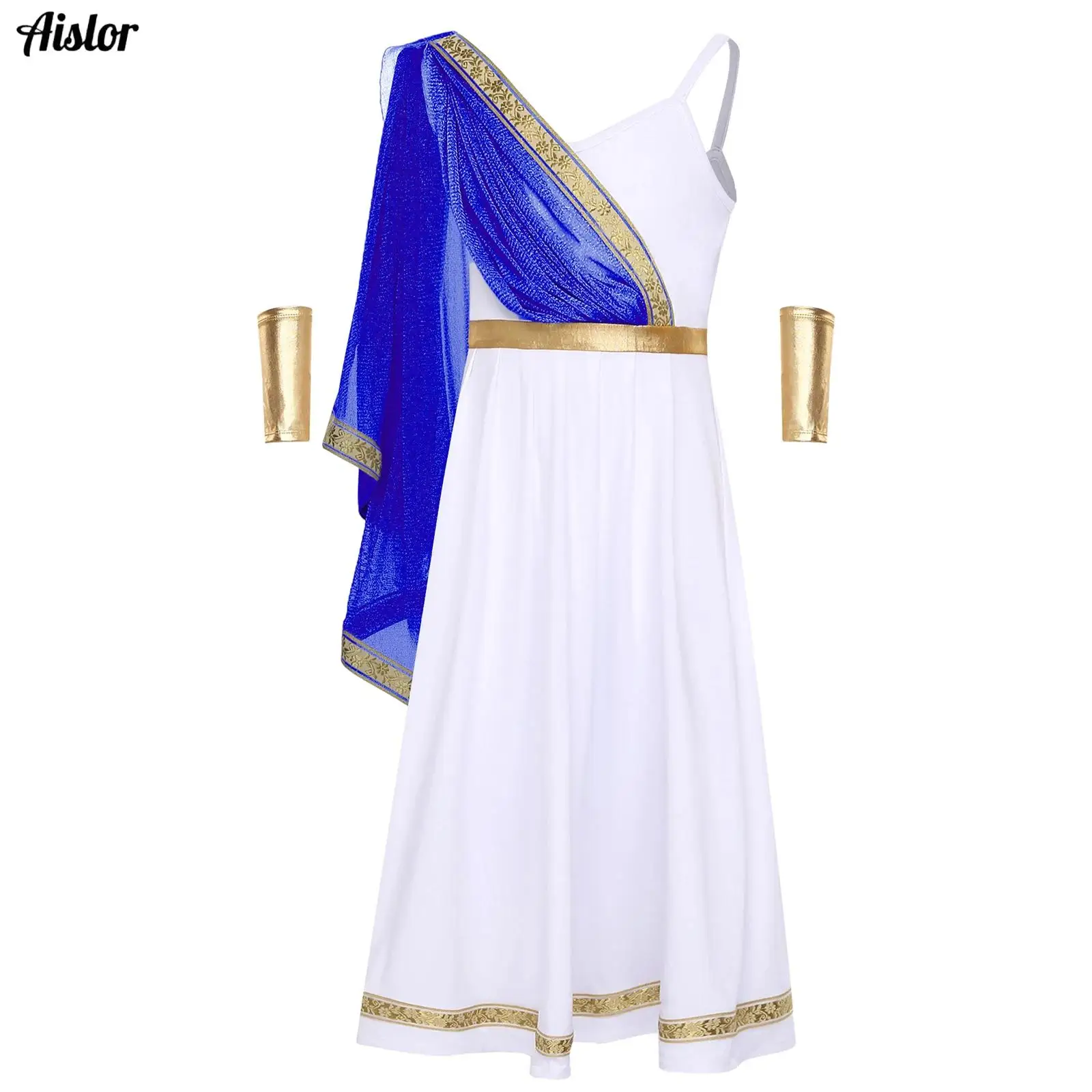 

Girls Ancient Greek Princess Dress Cape Golden Embroidery High Waist Cami Dress+Arm Sleeve Set Halloween Raves Cosplay Costume