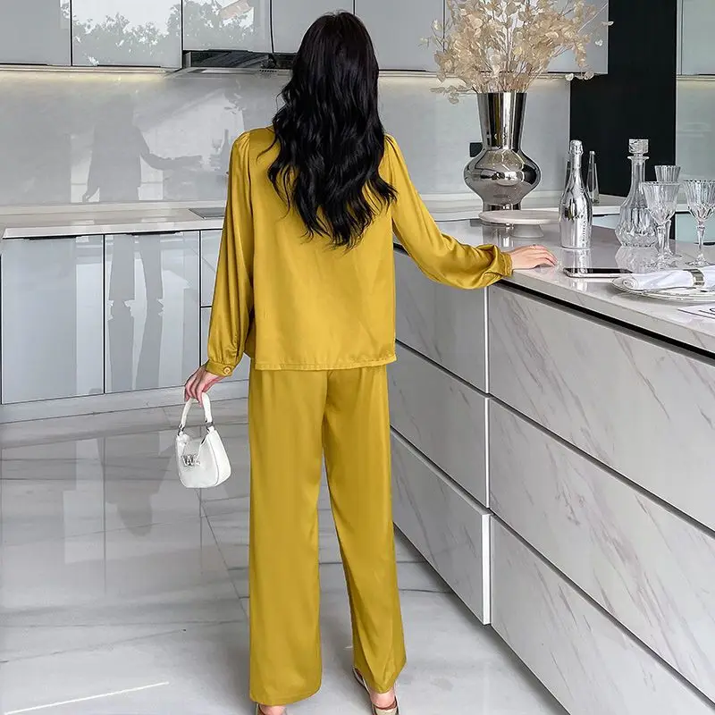 Long Sleeve Pants Pajamas Spring Autumn Women Ice Silk Lapel Casual Homewear Two-Piece Female Solid Color Thin Nightclothes 2024