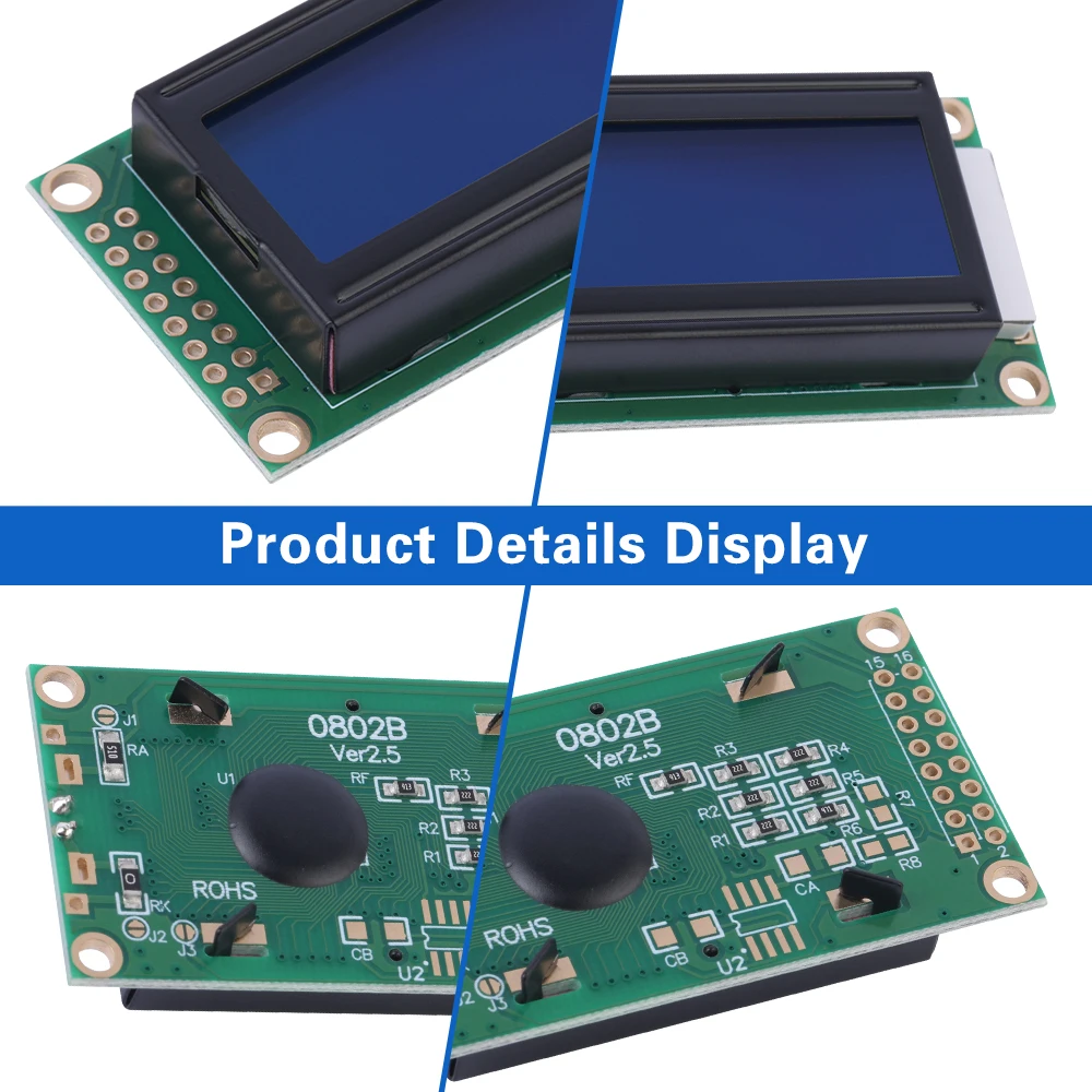 Blue Film White Letters 0802B Character Dot Matrix Screen 02 x8 LCD 58X31.87X13.5Mm 8*2-Character LCD Screen Cob LCD Module