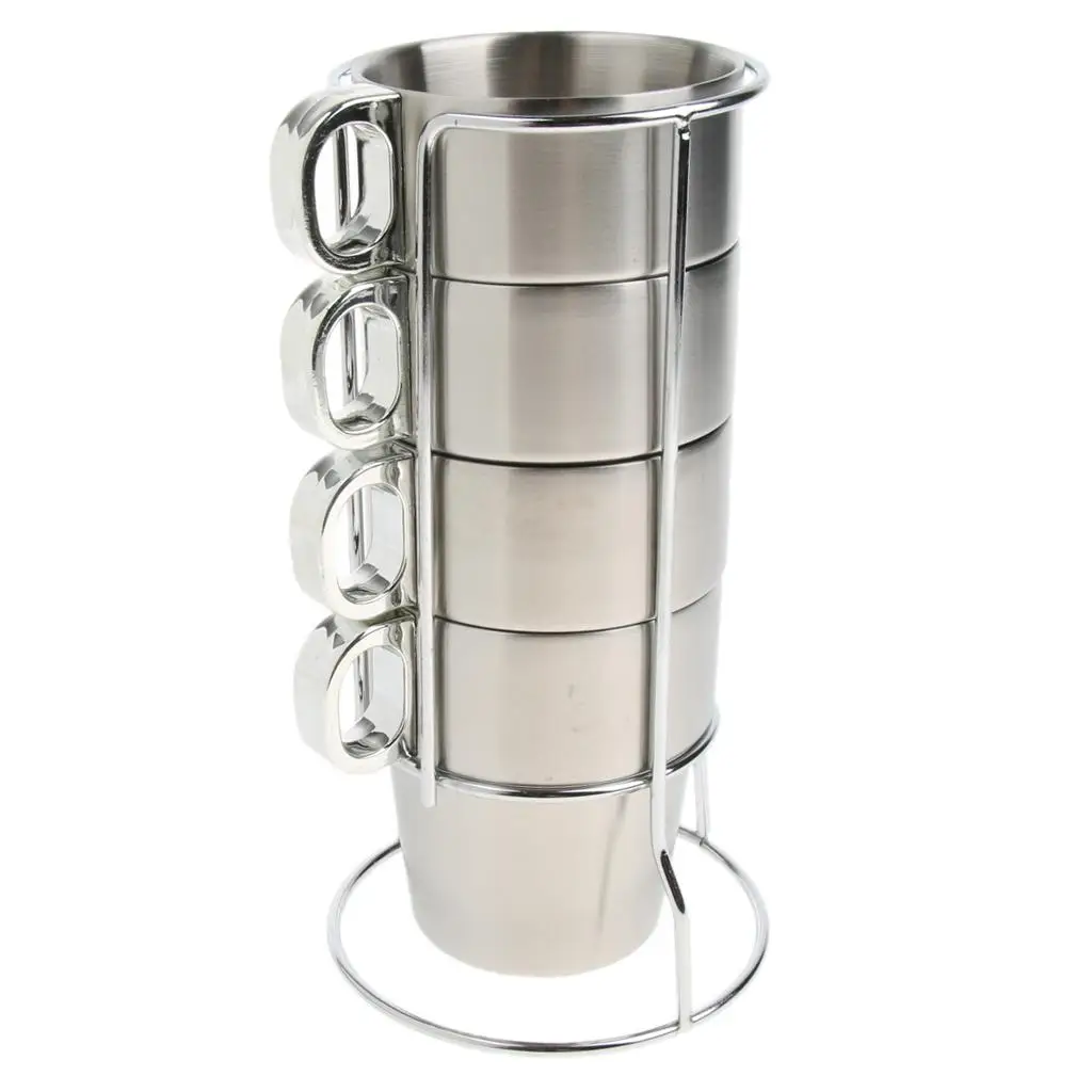 Set Stainless Steel Coffee Cups Water Tea Mugs Stackable with Stackable Rack