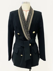 HIGH STREET più nuovo 2024 elegante giacca di design da donna in fogli di metallo con perline Blazer con collo a scialle con cintura