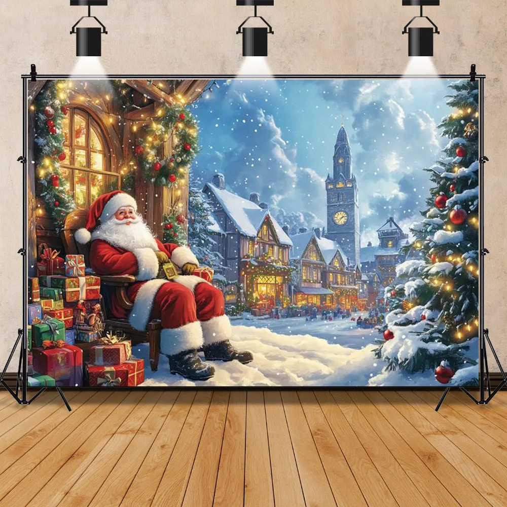 Christmas Backdrop Xmas Tree Santa Claus Gift Window Fireplace Baby Family Portrait Photography Backgrounds for Photo Studio