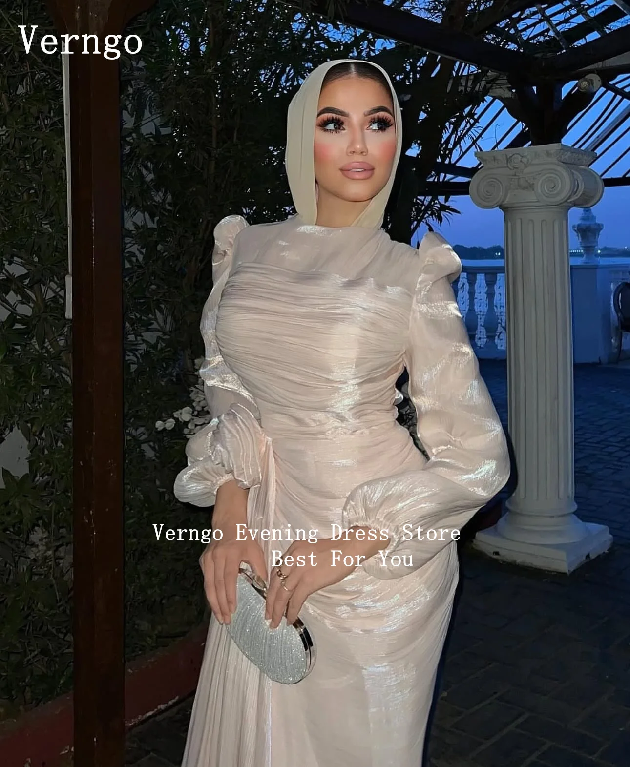 Verngo Gray Shiny Evening Dress High Neck Full Sleeves Formal Occasion Dresses Women Elegant Modest Prom Gowns Customized