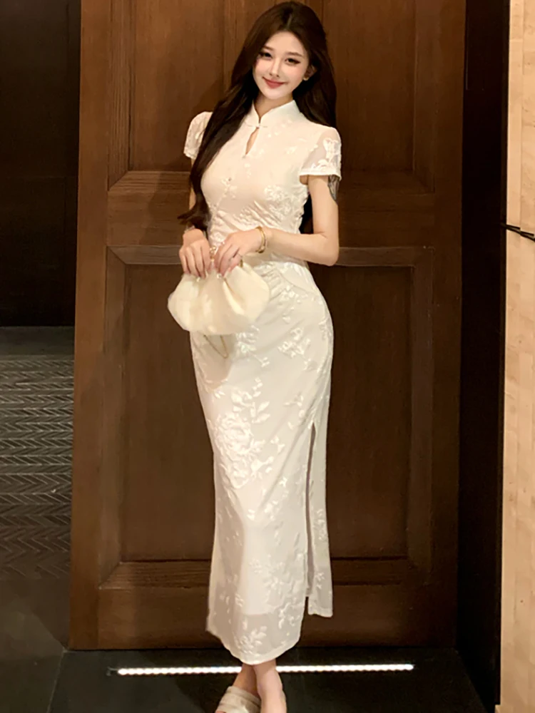 2025 nieuwe witte jacquard stand kraag lange jurk vrouwen elegante luxe party vestidos zomer koreaanse bodycon festival avondjurk