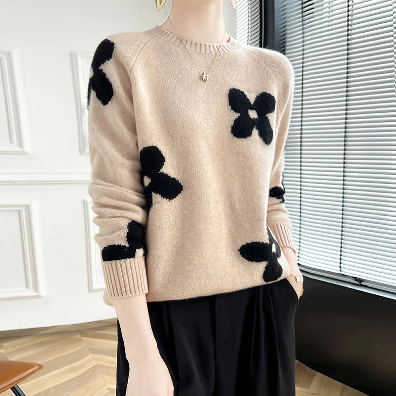 

New women's sweaters in autumn and winter 100% merino wool round neck pullover fashion luxury solid color flowers knitted cashme