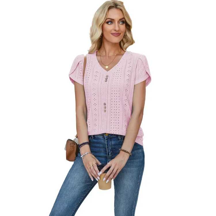 女性の新しい夏のトップ V ネックボタンパッチワーク花びらスリーブ無地 Tシャツ女性トップカジュアル半袖 Tシャツ女性トップス