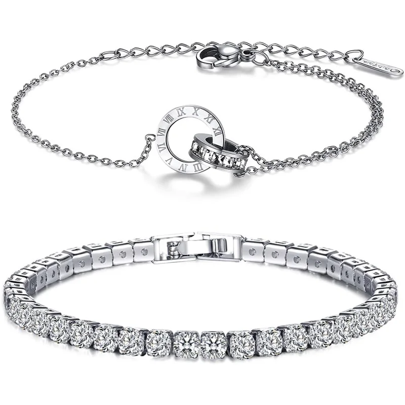Roman Numeral Rhinestone Gold Color Tennis Bracelet for Women New Stainless Steel Gold Plated Stacked Luxury Charm Bracelets