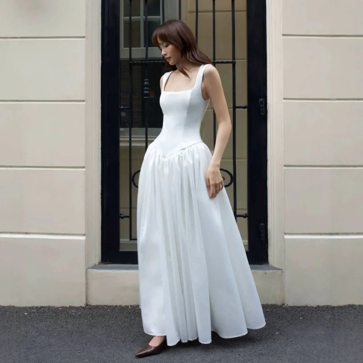 Slim Fit No Collar Gown Ladylike with Socialite Style Maxi Length Sling Dress Patchwork High Waist Autumn Long Dress for Women