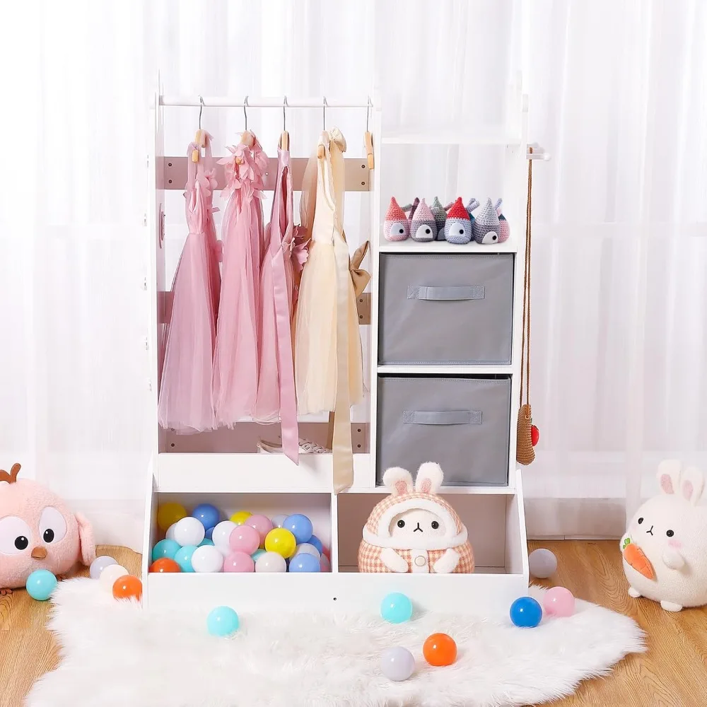 Dress Up Storage for Girls, Kids Play Armoire with Light, Mirror, Clothing Rack and Storage Bin,White