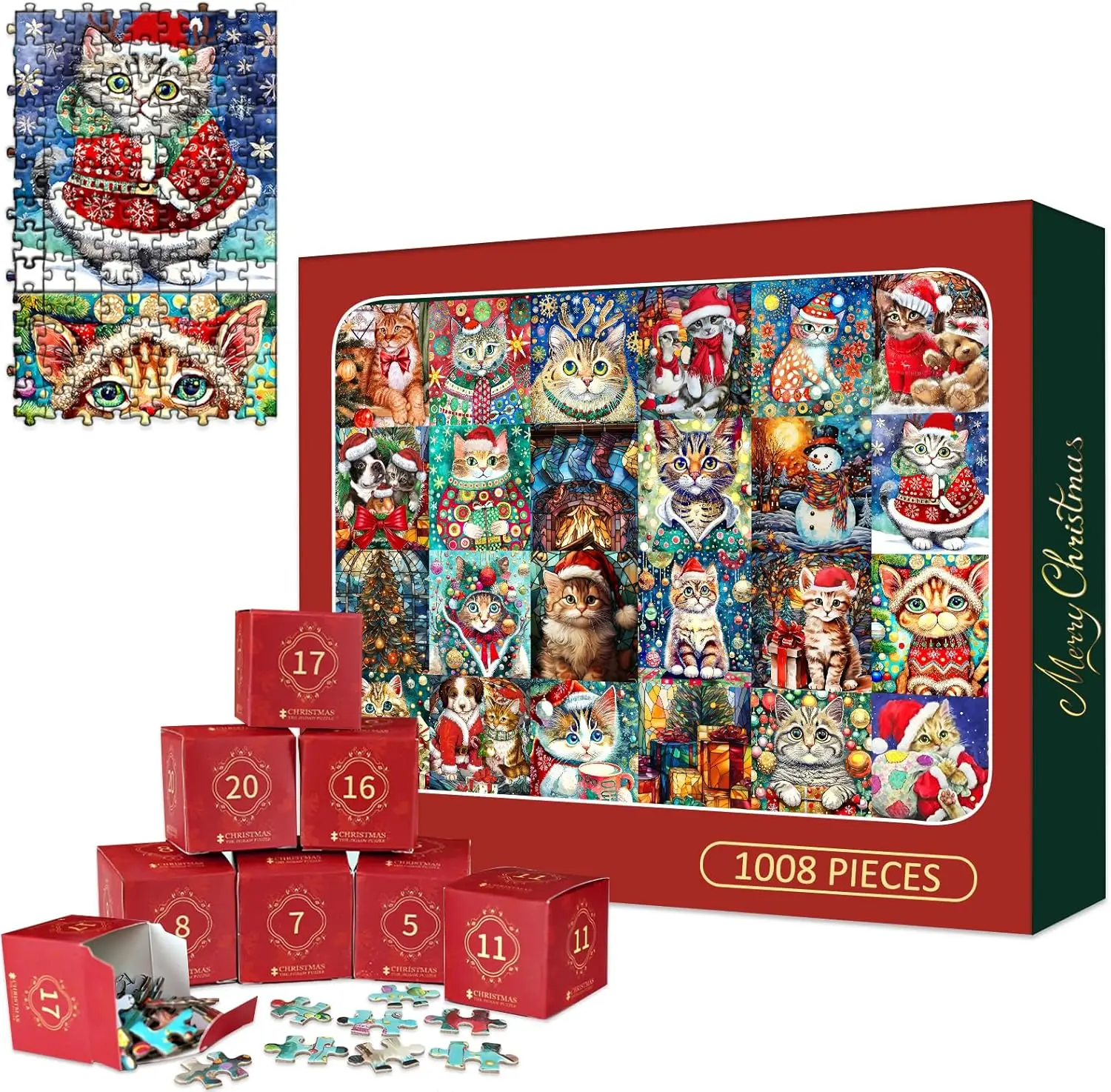 

1008 Pieces Christmas Advent Calendar Puzzle 2025 Cat Mosaic Stained Glass Jigsaw Puzzle Xmas Gifts Home Decor Blue