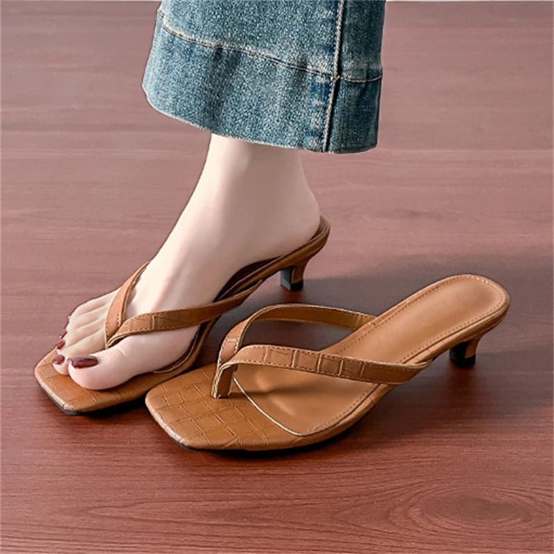 

Women's Square Open Toe Croc‑Embossed Thong Strap Kitten Heel Slip‑On Mule Sandals, Retro Casual Daily Footwear, Drop Shipping
