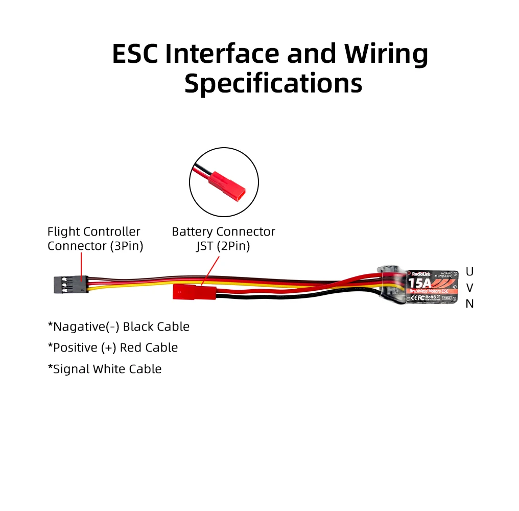 Radiolink 15A 2S ESC Geschwindigkeitsregler für bürstenlose Motoren mit eingebautem 5V/2A BEC für RC-Flugzeuge, Flugzeuge mit festen Flügeln A560 SU27 D460. – Detail 3