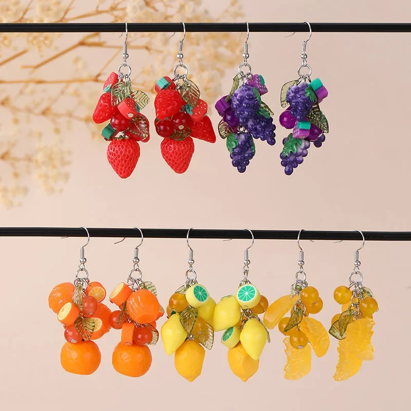 جديد ثلاثية الأبعاد مقلد الفاكهة أقراط الليمون البرتقال الفراولة العنب سلسلة ليف إسقاط أقراط لطيف متعة العصرية مجوهرات هدية اكسسوارات