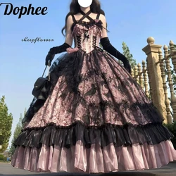 Dophee Original Lolita Flower Wedding Dress Set Dark Gothic Black Pink JSK Dress Elegant Ruffles Mesh Spring Summer OP Dress