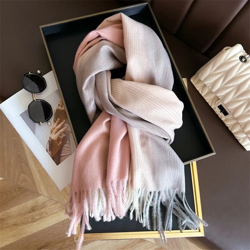 Color Blocking Women Winter Warm Scarf Travel Hijabs Tassels Shawl Cashmere Pashmina Hijabs Scarves Wraps Stole