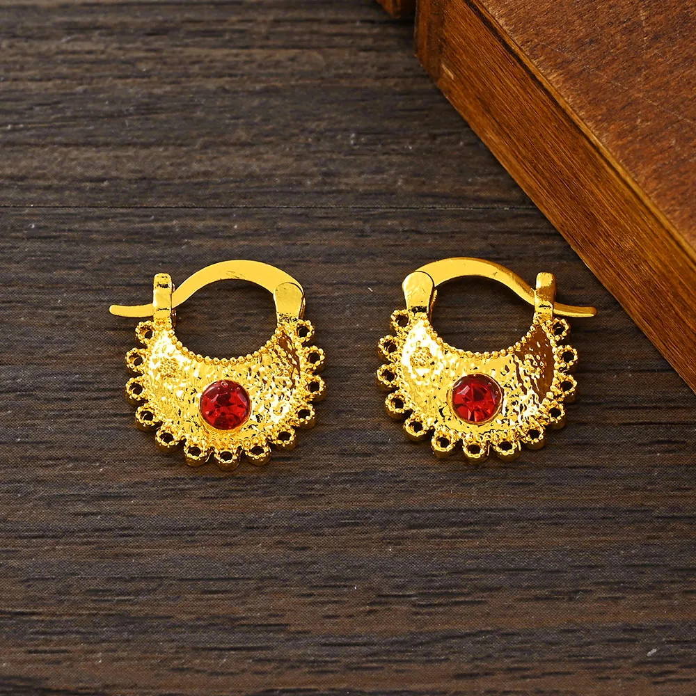 Gold Color Lovely Red CZ Round Circles Huggies Hoop Earrings Kids Children Women Girls Boy Jewelry African Christmas Party Gift