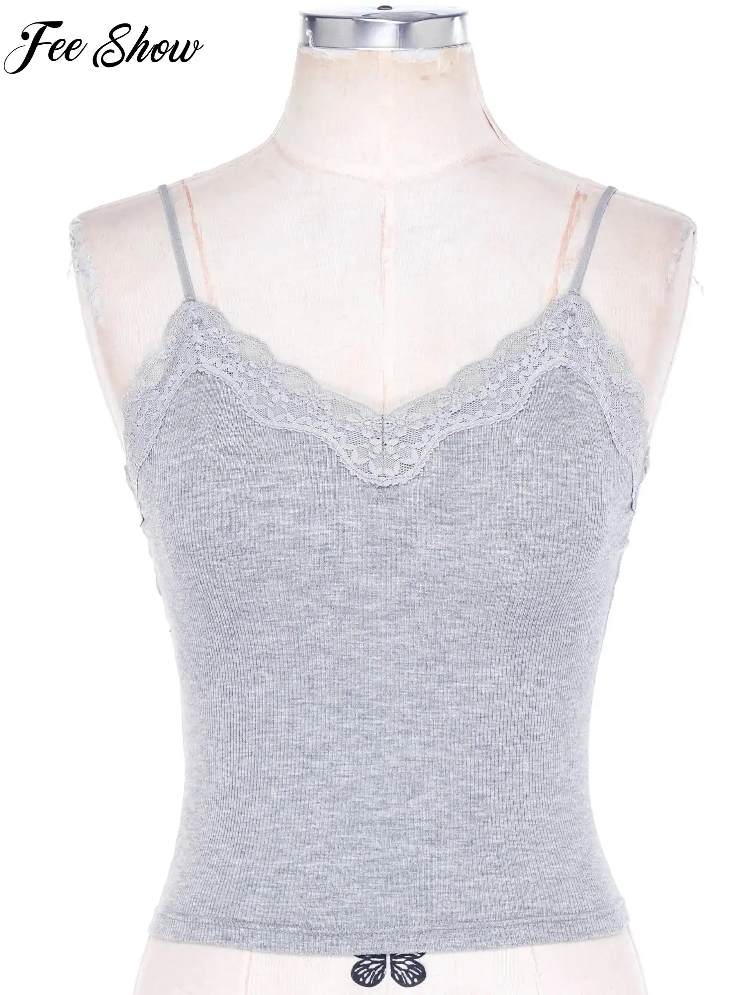 

Women’s Ribbed Camisole Built in Bra V Neck Lace Spaghetti Strap Versatile Stretchy Yoga Top Daily Office Athletic Wear Hot Sale