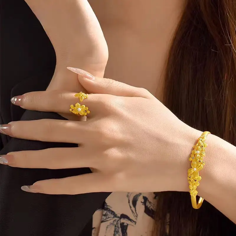 

AU999 24K Gold Floral Bracelet & Ring Set | Hollow - carved vines, pearl - accented, chiseled patterns, classic & charming