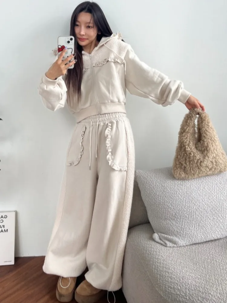 Lamb Fur Hoodie Jaet Women's High Waist Casual Pants Set Spring Autumn Design Sense Splicing Wood ain  Street Sle