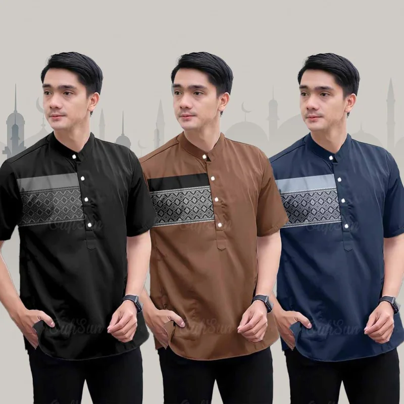 

Men's Short Sleeve Stand Collar Top Casual Printed Shirt for Muslim Men Ramadan 2025 3D Shirt Southeast Asian ethnic clothing