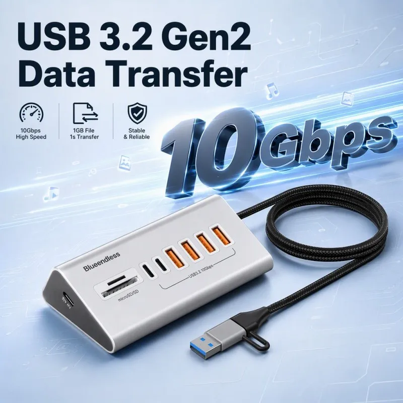 USB 3.2 Gen 2 10 Gbps Data Transfer Hub 6 Ports USB C Hub with 10Gbps USB3.2 4-Port Type A 2-Port Type C and SD TF Card Reader