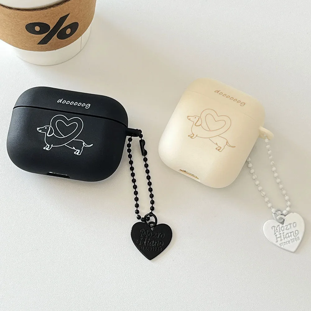 Matte Line Drawing Sausage Dog Cute for AirPods 1 2 Case With Heart Keyring Simple for Apple AirPod 3 Pro 2 Soft Silicone Box