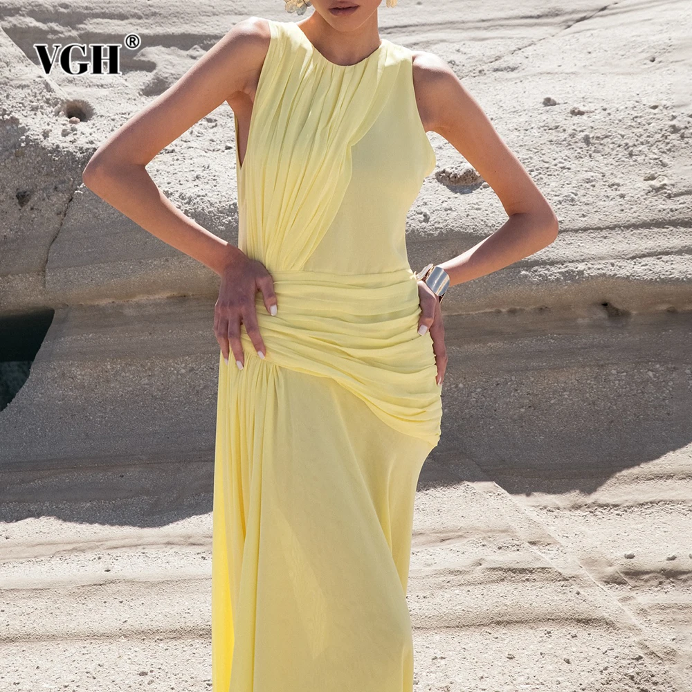 

VGH Temperament Slimming Folds Long Dresses For Women Round Neck Sleeveless High Waist Elegant Dress Female Fashion Style New