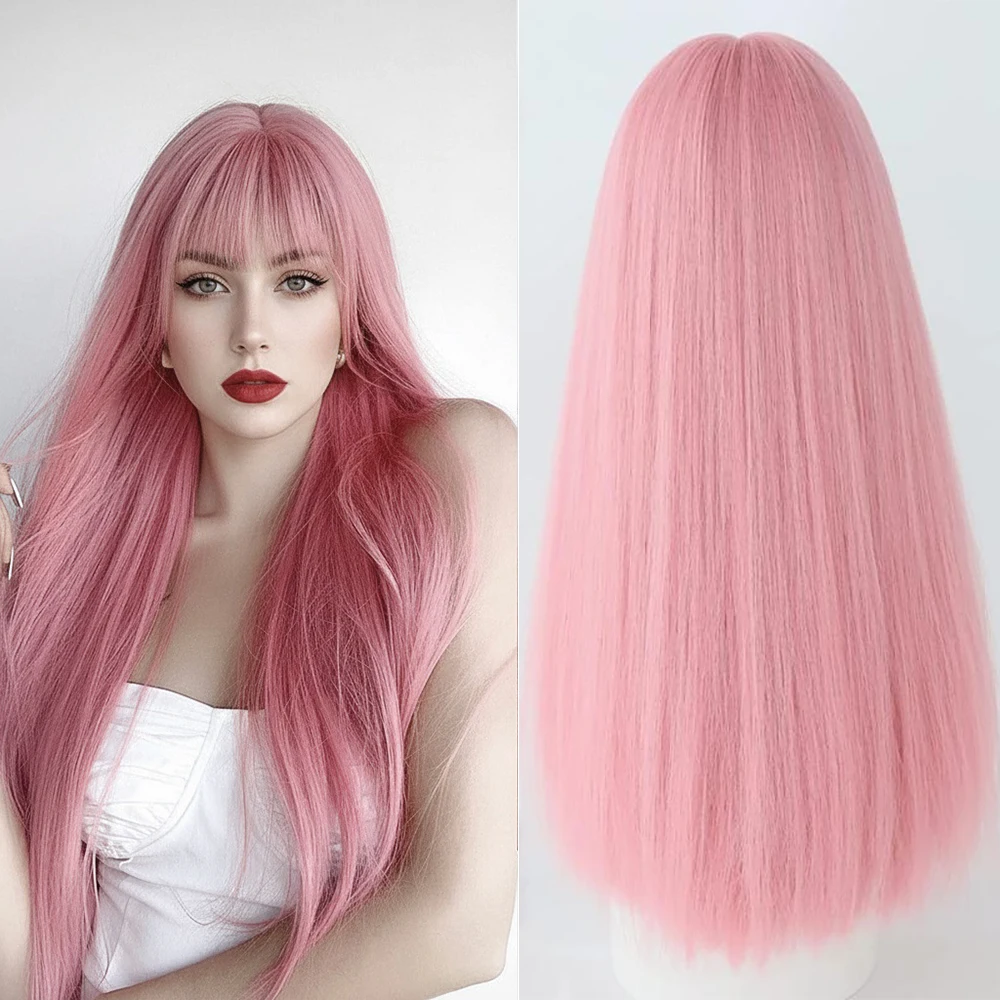 

High-quality 26inch Pink Synthetic Straight Hair with Bangs Suitable Women's Daily Party Role-playing Heat-Resistant Lolita Wig