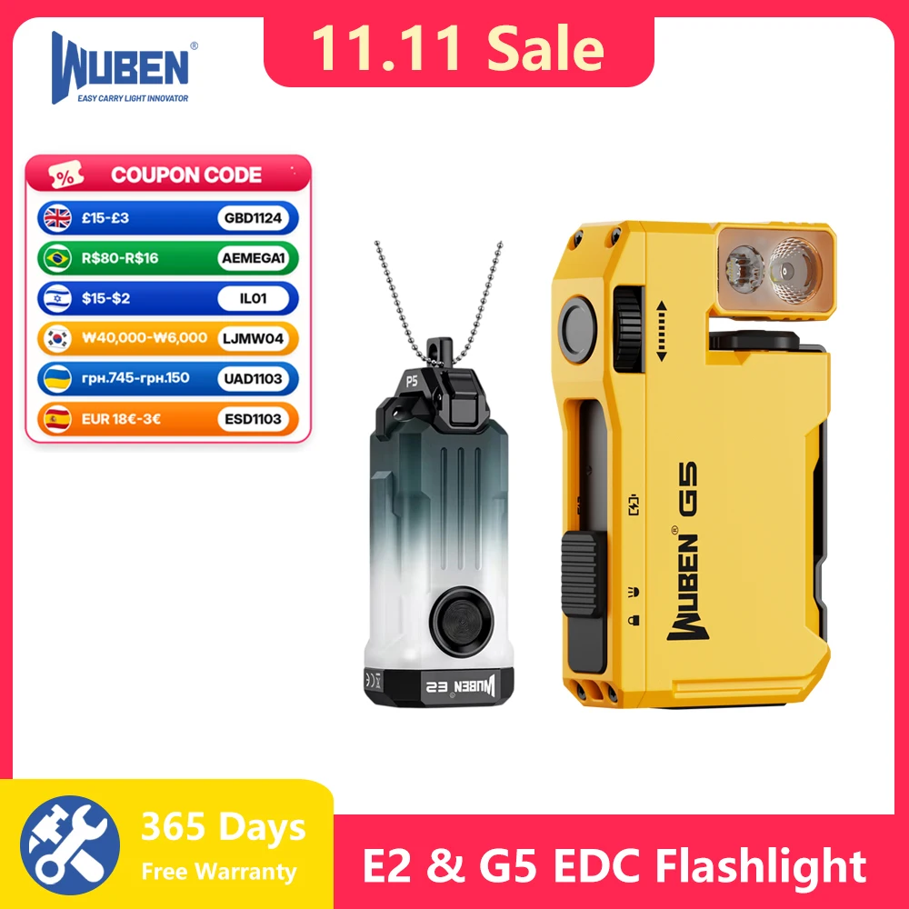 Wuben E2 & G5 Edc Flashlight Rechargeable Mini Ultra Light Keychain Flashlight 3-in-1 Heartbeat Strobe Torch for Camping Outdoor