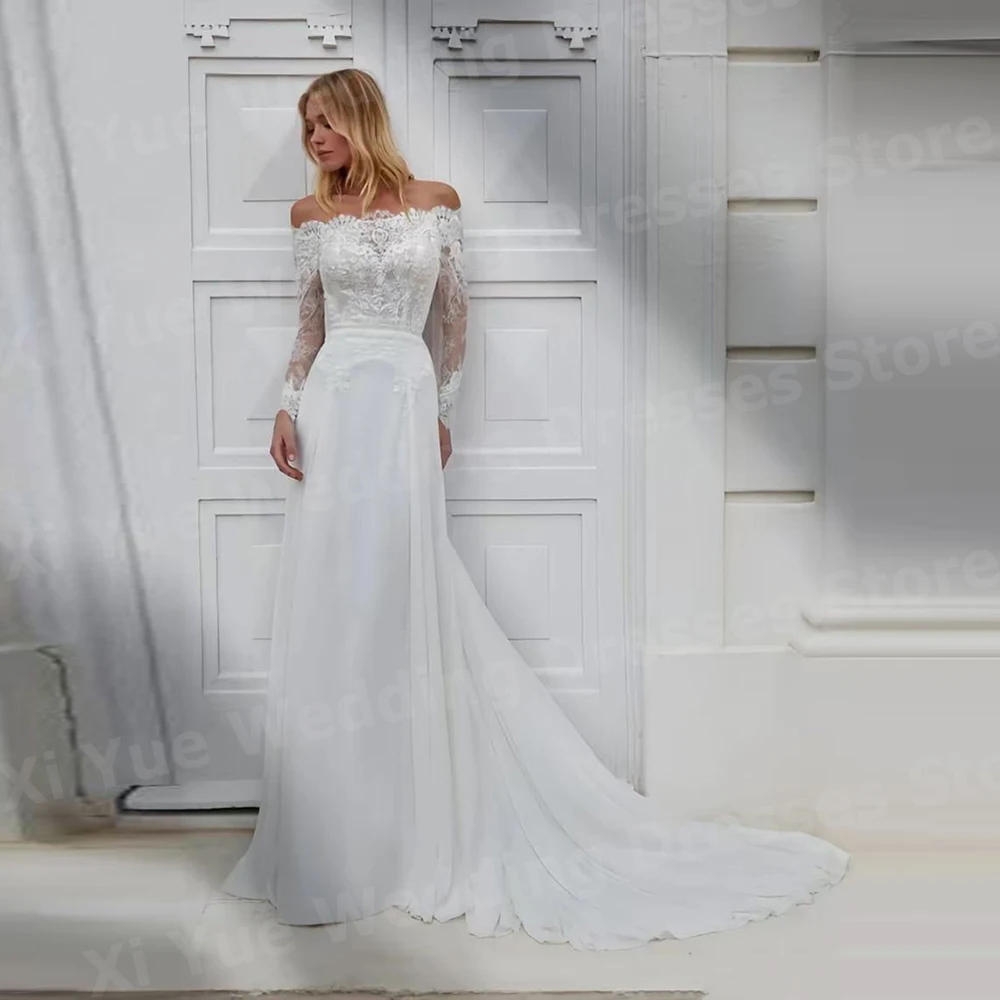 Charming A Line Women's Wedding Dresses Appliques Lace Bride Gowns Long Sleeved Customized Off The Shoulder Vestidos De Novia