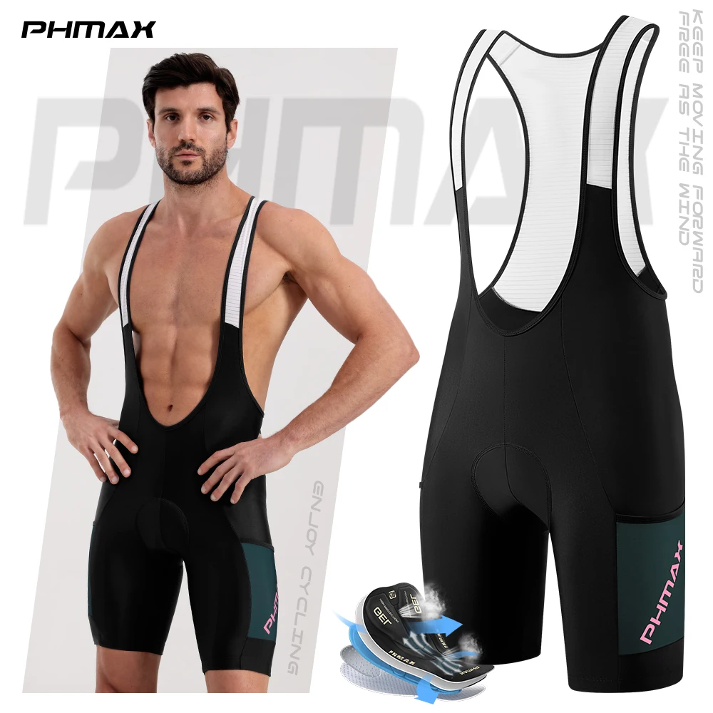 PHMAX Men's Cycling Bib Shorts 5D SILICONE Padded Men's Road MTB Bike Cycling Bib Shorts Pro Bicycle Shorts with Pocket