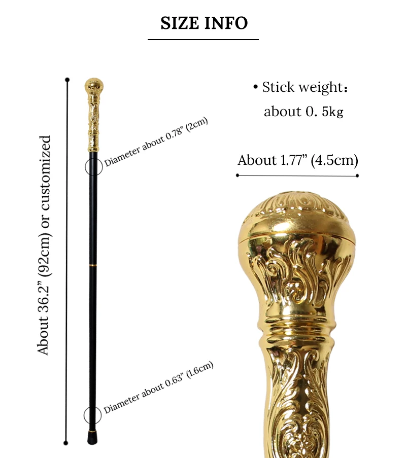 Shiny Gold Alloy Victorian Walking Cane With Round Handle Detachable Vintage Walking Stick Cosplay Party Prop for Men And Women