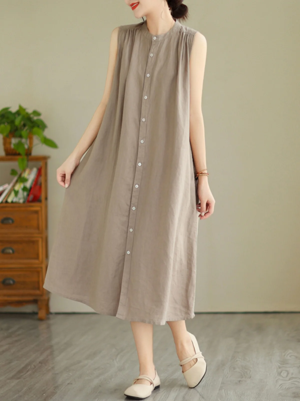 

Простой однотонный льняной жилет Dr, большой размер, женская плиссированная длинная юбка с воротником-стойкой и пуговицами, летняя юбка Dr