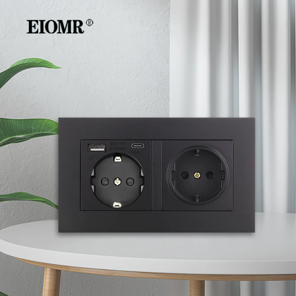 EIOMR EU Wall Power Socket with Type C Charging Port 5V 2.1A 146mm,86mm Flame Retardant PC Panel 16A 220V EU Standard USB Socket