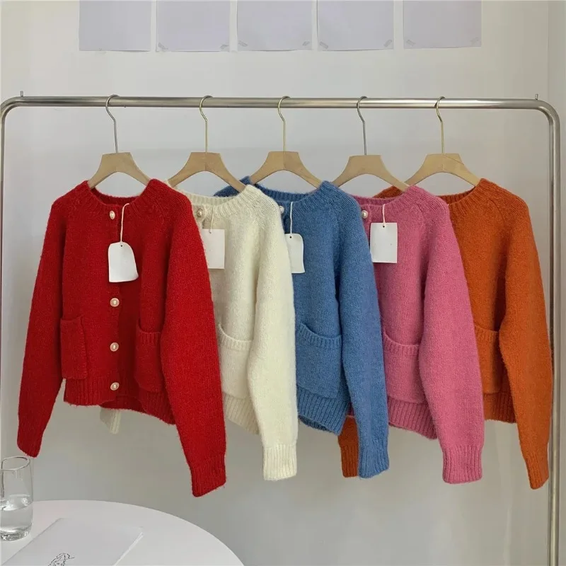 Knit Cardigan Sweaters Woman Autumn Winter 2023 Korean Pearl Button Up Raglan Sleeve O-Neck Pockets Casual Short Pink Sweater