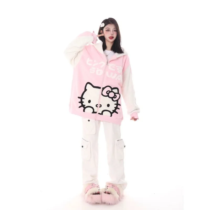 New Hello Kitty Cute Towel Velvet Hoodie Women Kitty Cat Autumn Winter European Korean Coat Home Clothing Performance Clothing