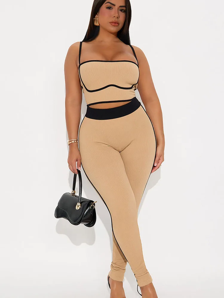 Doyerl Setelan Olahraga Rajutan Bergaris Wanita Dua Potong Set Kamisol Kebugaran Sporty Atasan Crop dan Celana Olahraga Jogger Set Yoga Lari