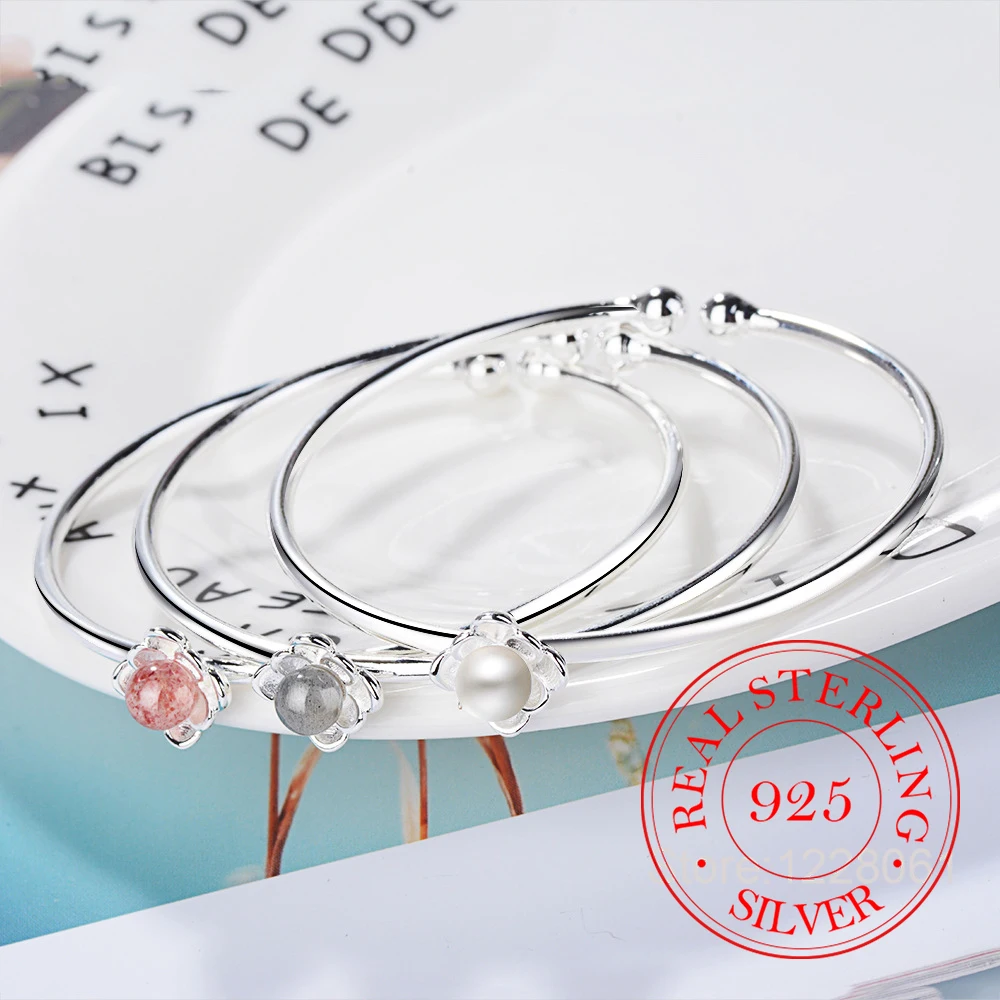 

925 Sterling Silver Lucky Cuff Women's Moonstone Bracelets Lotus Flower Bangle Party Jewelry Argent 925 Jewellery