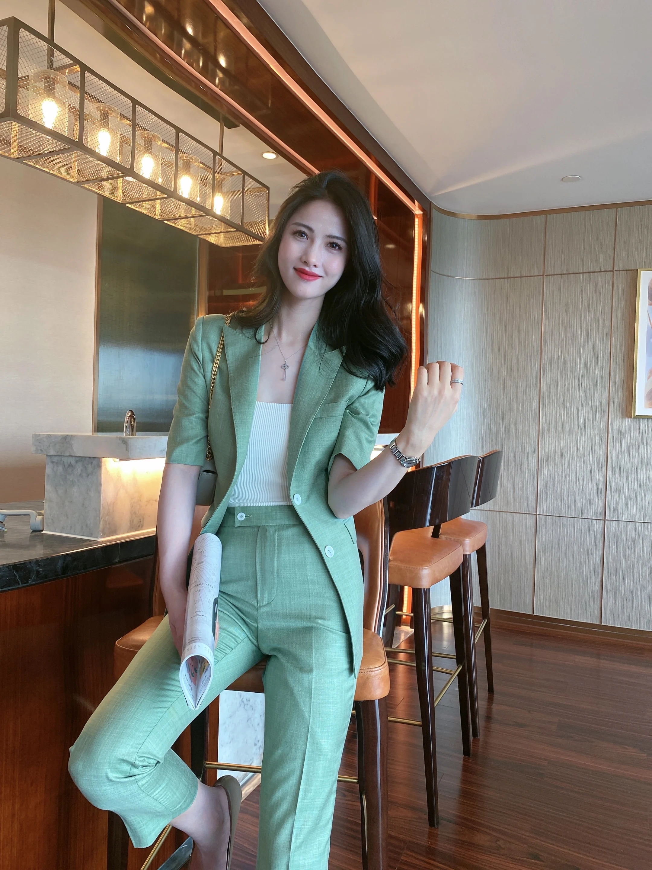 

Ele Slim Fit ort Sve Single Button Women's Suit Set for Summer Original Design Pure Color Businwear