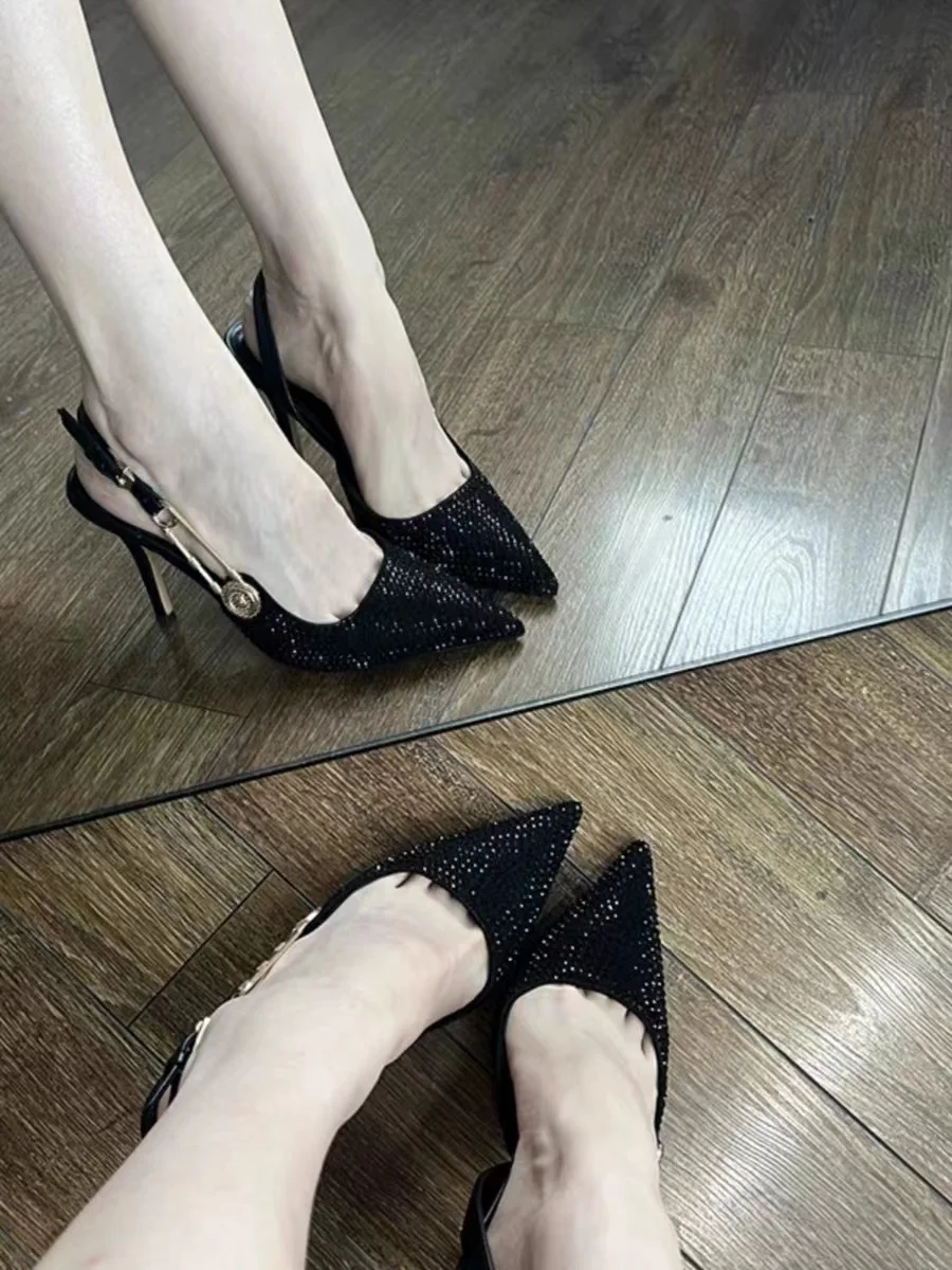 

Black rhinestone high heeled shoes for women's new slim heeled pointed toe stunning luxury metal toe sandals