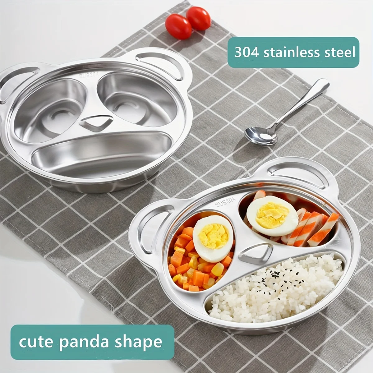 Stainless Steel Plates 3 Sections Unbreakable Stainless Steel Plates for Cute Panda Shape Compartment Plates for Picky Eaters