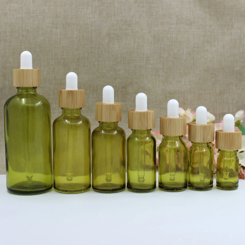 Wholesale 5 -100ml Olive-green Glass Dropper Bottles With Bamboo Lid Empty Perfume bottle Essential Oil Attar Oil Bottles