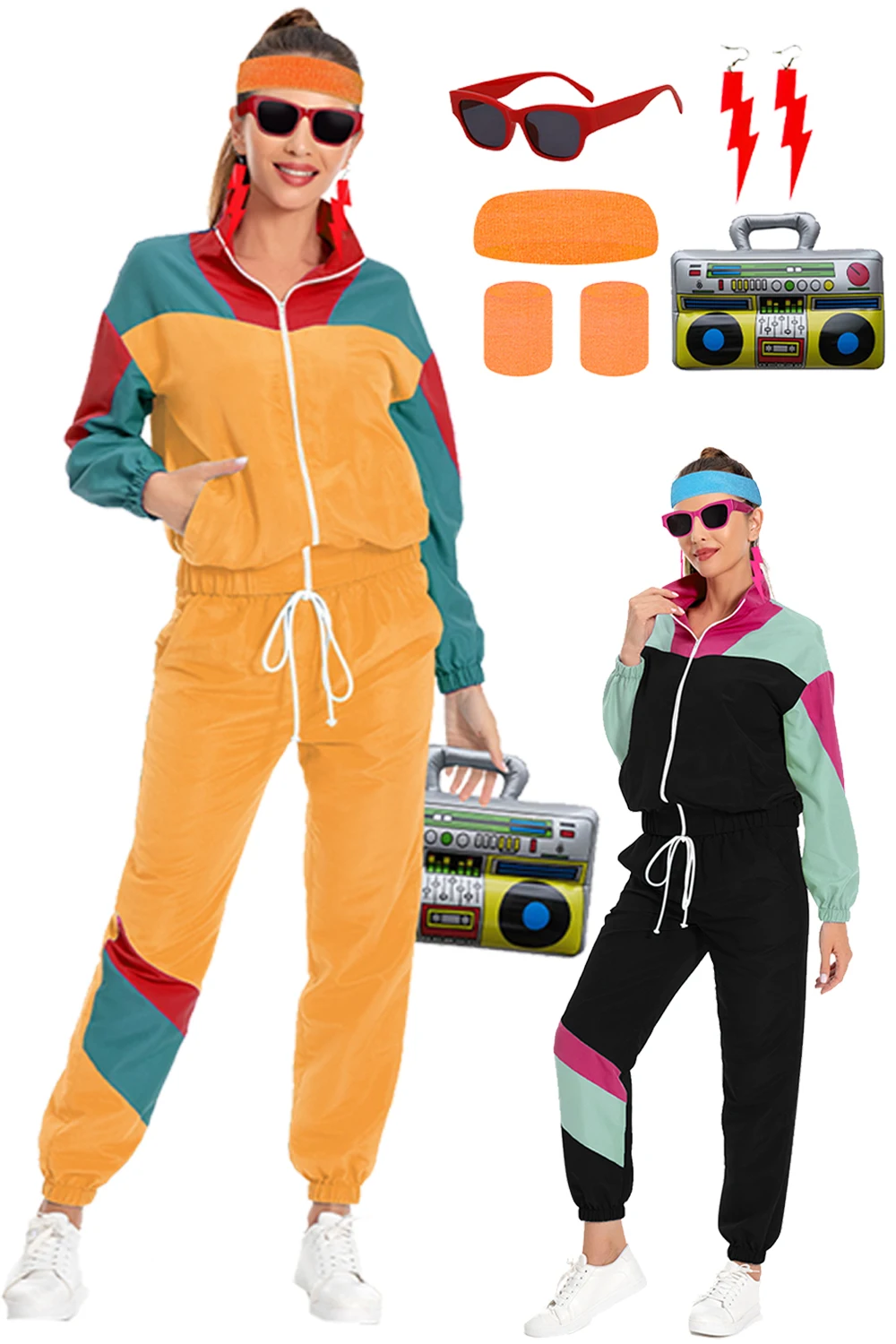 80s Retro Vintage Cosplay Women Tracksuit Costume Female Disguise Colorful Sportsuits Headband Earrings Unisex Halloween Suits