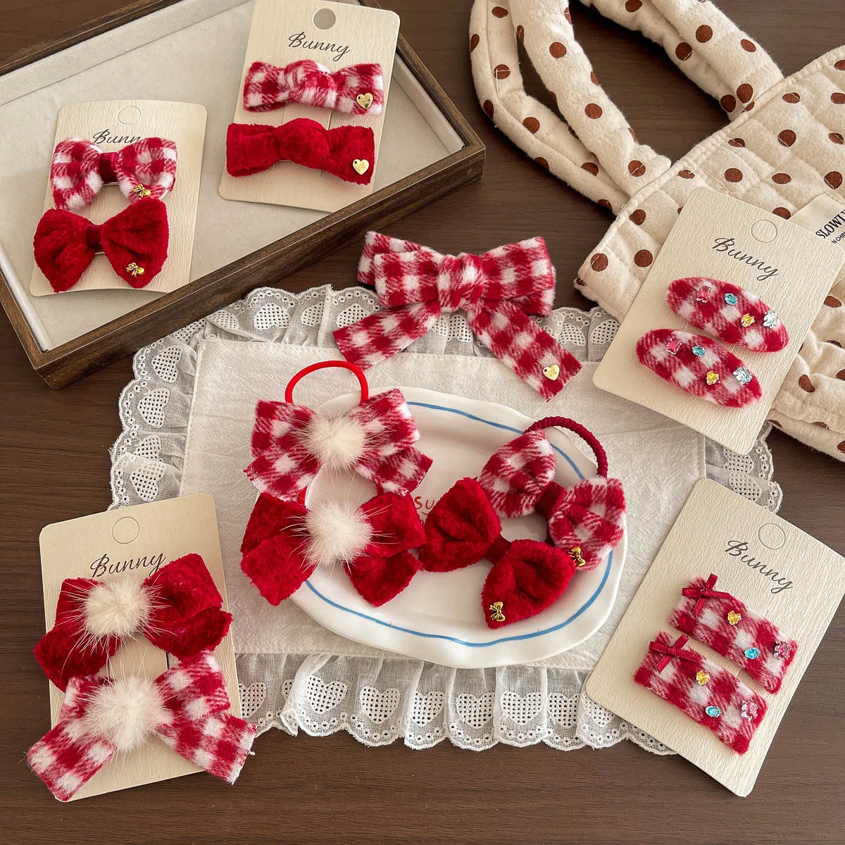 Hair Clips Hair Ties Red Plaid Bow Girls Premium Elegant Headwear Hair Accessories Fabric Pompom Gold Tag Small Lightweight