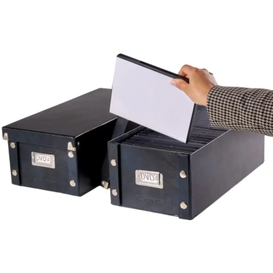 Paquete de 2 cajas de almacenamiento de DVD duraderas de 6x8,2x16,5 pulgadas con tapas para organizar hasta 52 fundas de discos de películas, ideales para entreti en el hogar