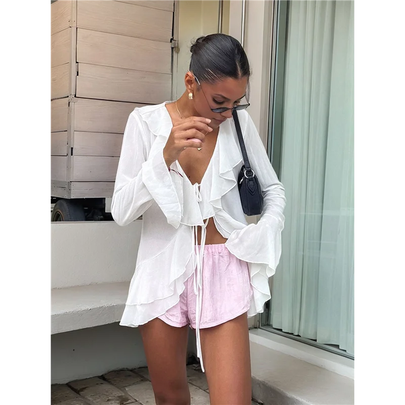 ผู้หญิง Tie ด้านหน้า Tops SHEER ตาข่าย Bell แขนยาว Ruffle เสื้อเสื้อ Crop TOP